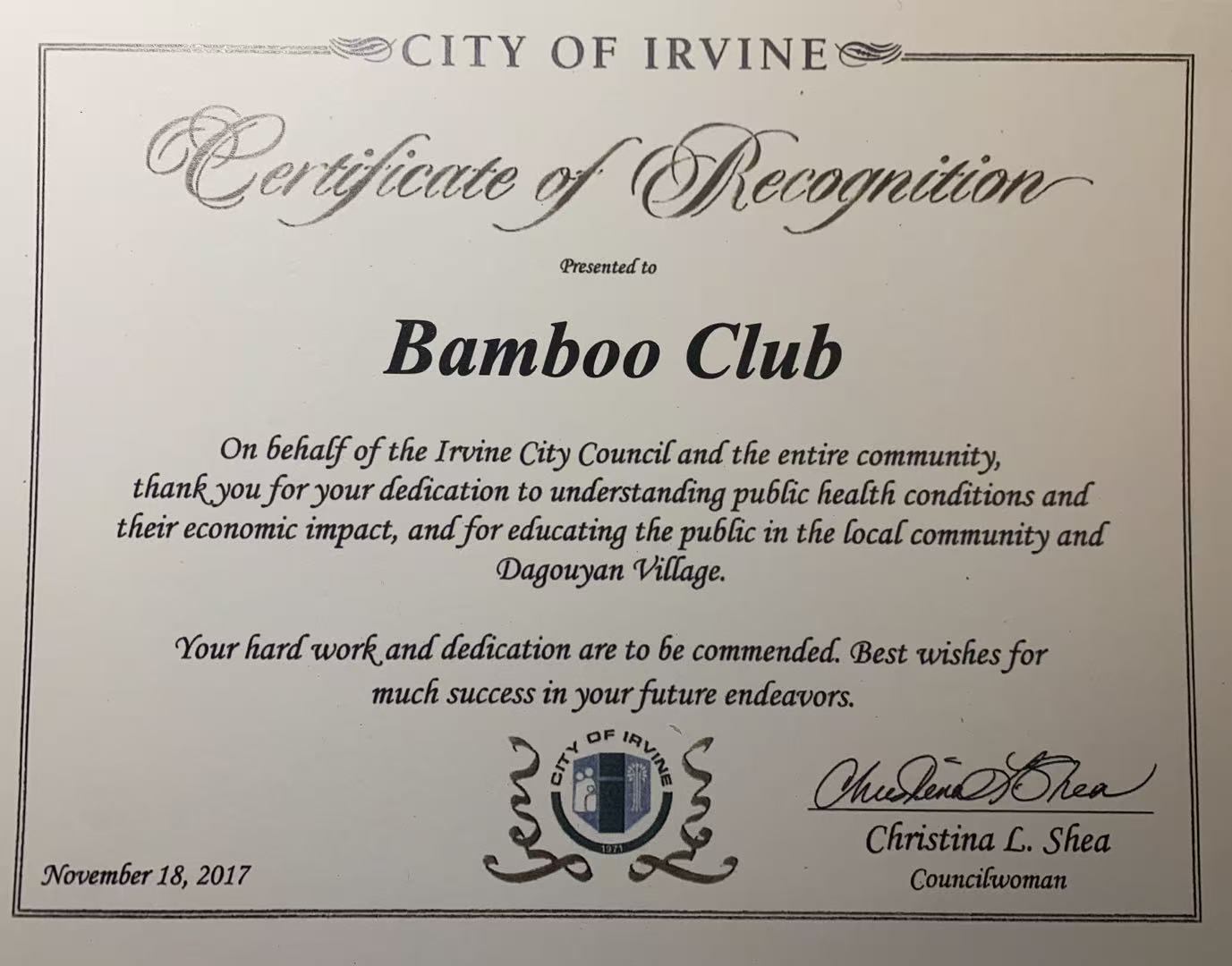 Certificate of Recognition by City of Irvine for dedication to Public Health